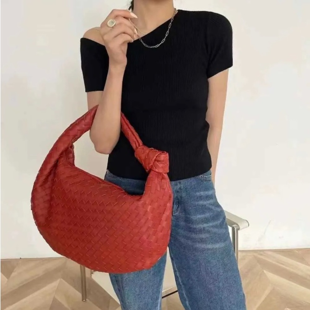 Chic Red Woven Hobo Bag